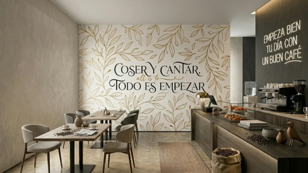 Vinilo decorativo instalado en pared de cafetería en León